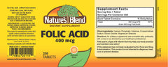 Nature's Blend Folic Acid 400 mcg tablets close-up for daily use