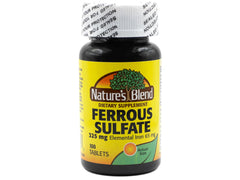 Nature's Blend iron ferrous sulfate bottle with tablets for daily iron support.