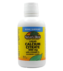 Nature's Blend Liquid Calcium Citrate blueberry bottle shows bone support and tasty flavor