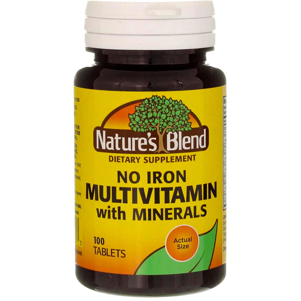 Nature's Blend No Iron multivitamin bottle for daily supplementation.