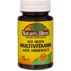 Nature's Blend No Iron multivitamin bottle for daily supplementation.