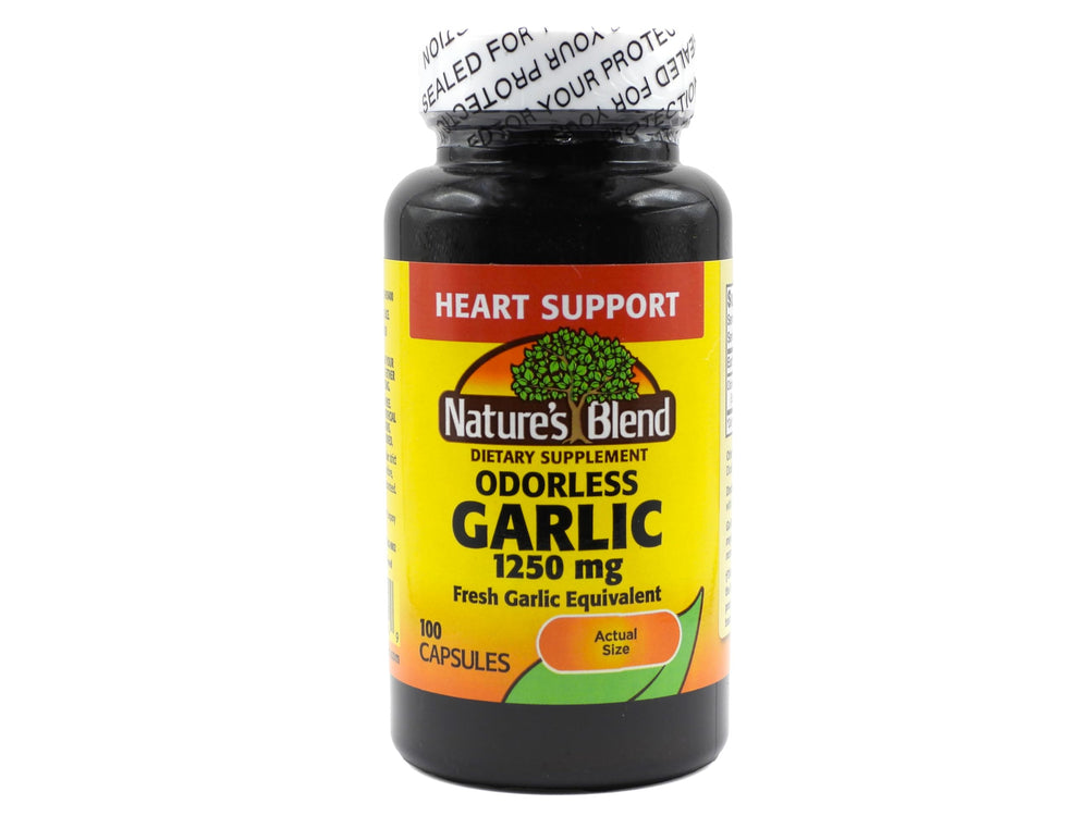 Nature's Blend Odorless Garlic bottle front, odor-free daily support for heart and immunity.