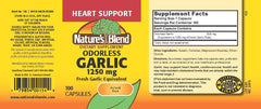 Nature's Blend Odorless Garlic capsules close-up, gluten-free daily supplement for heart health.