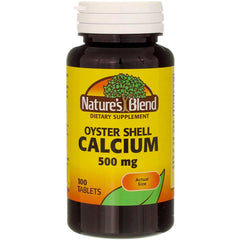 Nature's Blend oyster shell calcium tablets bottle showing gluten-free and alcohol-free formula.