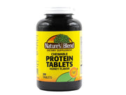 Nature's Blend protein tablets honey flavor bottle shows gluten-free protein for on-the-go snacking.