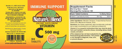 Nature's Blend Vitamin C tablets close-up showing 500 mg dosage for daily use.