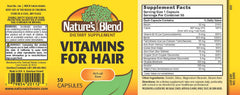 Nature's Blend Vitamins For Hair Capsules pack shot shows a 50-count bottle for steady daily use