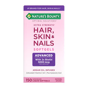 Nature's Bounty Advanced Hair Skin Nails bottle with argan-infused softgels for healthy hair.