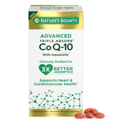 Nature's Bounty Advanced Triple Absorb CoQ-10 bottle showing the product and labeling for heart health support