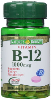 Nature's Bounty B-12 1000 mcg bottle front, daily energy support.
