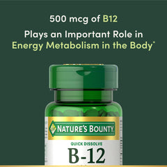 Nature's Bounty B12 500 mcg bottle for daily use.
