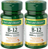 Nature's Bounty B12 microlozenge bottle pour; supports energy metabolism and nervous system wellness.