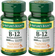 Nature's Bounty B12 microlozenge bottle pour; supports energy metabolism and nervous system wellness.