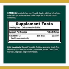 Nature's Bounty B-12 microlozenges bottle front highlights cherry flavor and dosage.