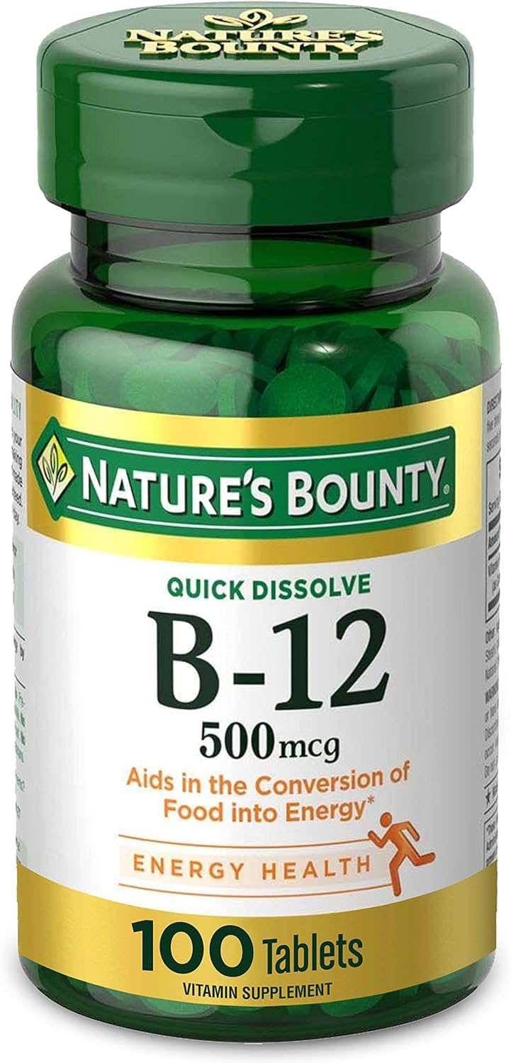 Nature's Bounty B-12 microlozenges cherry flavor bottle supports energy metabolism.
