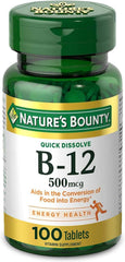 Nature's Bounty B-12 microlozenges cherry flavor bottle supports energy metabolism.