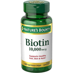 Nature's Bounty Biotin softgels bottle for daily hair, skin, and nail support.