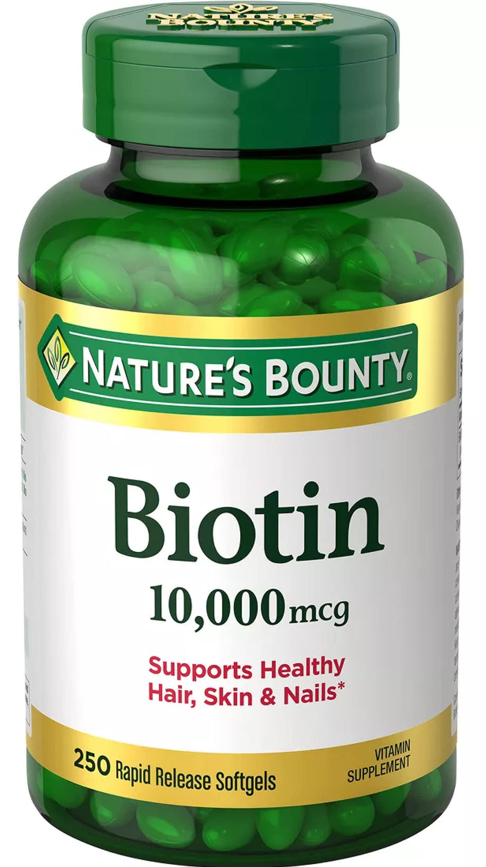 Nature's Bounty Biotin 10,000 mcg rapid-release softgel bottle supports hair, skin, nails.