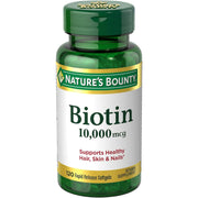 Nature's Bounty Biotin 10,000 mcg softgels bottle front highlighting potency and quick-release action