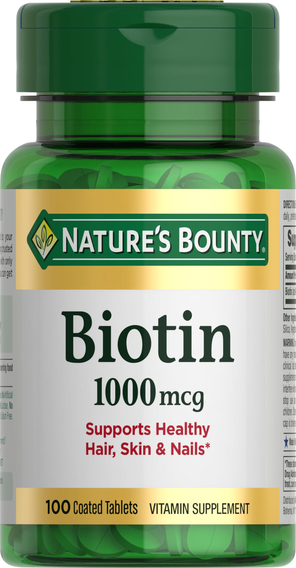 Nature's Bounty Biotin 1000 mcg tablets, close-up view, supports cellular energy.