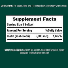 Close-up of Nature's Bounty Biotin label showing 5000 mcg potency