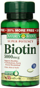 Nature's Bounty Biotin 5000 mcg softgels on white background, supports energy metabolism.