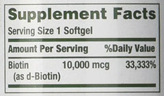 Close-up of Nature's Bounty Biotin label showing potency and details.