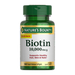 Nature's Bounty Biotin rapid-release softgel bottle supports healthy hair.