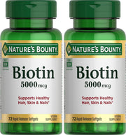 Nature's Bounty Biotina 5000mcg, cápsulas suaves en botella, apoyo al metabolismo diario.