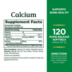 Closeup of Nature's Bounty calcium softgels showing capsule texture and absorption aid