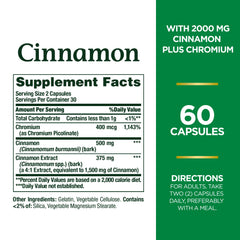 Nature's Bounty Cinnamon 2000mg Plus Chromium label close-up highlighting natural ingredients