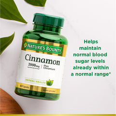 Nature's Bounty Cinnamon 2000mg Plus Chromium capsules being poured with cinnamon sticks