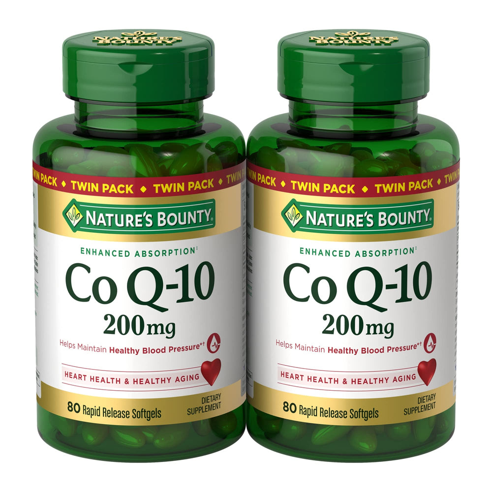 Nature's Bounty CoQ10 200 mg softgels bottle closeup for heart health support and energy
