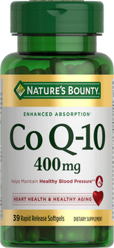 Nature's Bounty CoQ-10 400 mg cardio softgel bottle supports heart health and energy.