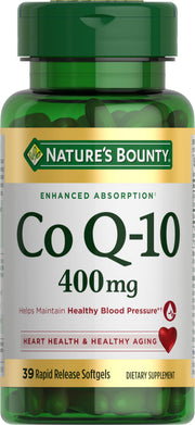 Nature's Bounty CoQ-10 400 mg cardio softgel bottle supports heart health and energy.