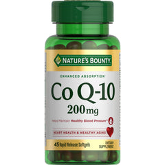 Nature's Bounty CoQ-10 bottle front with 200 mg rapid-release softgels for heart health