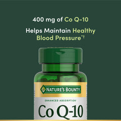 Nature's Bounty CoQ-10 Cardio softgel bottle label emphasizes potency and purity.