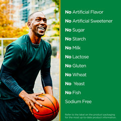 Label image showing gluten- and sugar-free composition and no artificial additives.