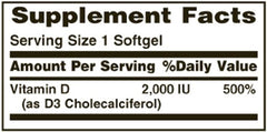Nature's Bounty D 2000 IU softgels bottle back label shows directions for daily intake.