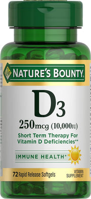 Nature's Bounty D3 10,000 IU softgels bottle front for daily vitamin support