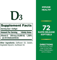 Nature's Bounty D3 softgels inside bottle ready for daily supplementation routine