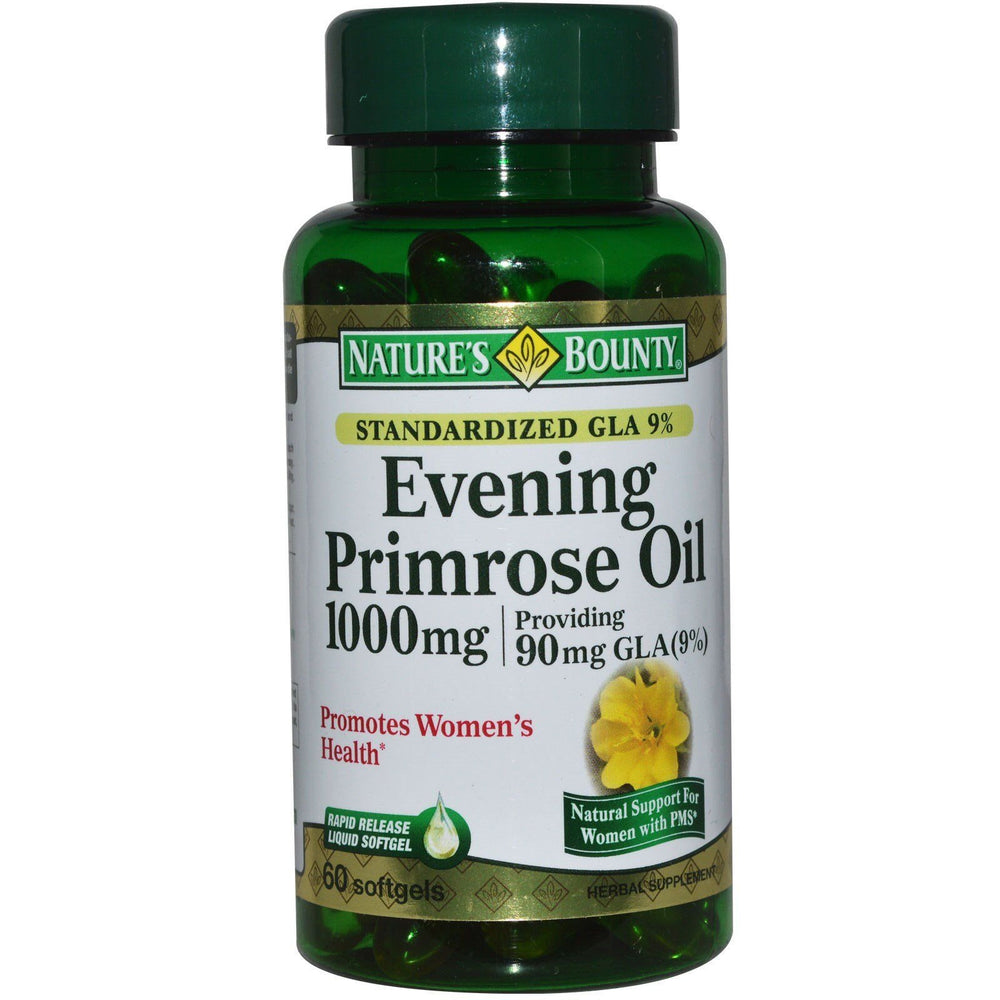 Nature's Bounty Evening Primrose Oil softgels bottle front highlights a natural source of GLA for daily supplement use