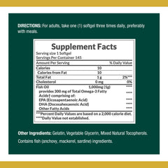 Close-up of Nature's Bounty fish oil softgels highlighting omega-3 content.