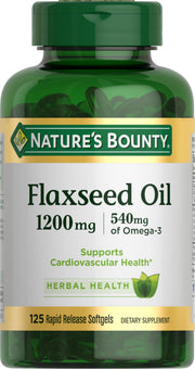 Nature's Bounty flaxseed oil softgels bottle signaling omega-3 support for heart health.