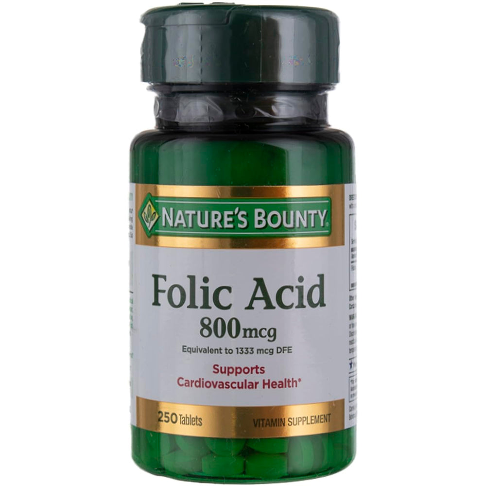 Nature's Bounty folic acid supplement bottle front, great for heart health support.