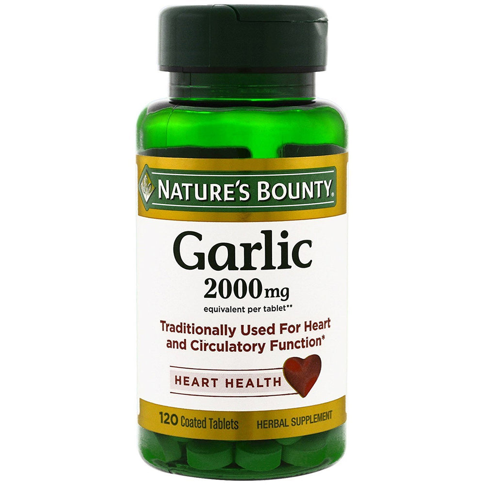 Nature's Bounty garlic 2000mg coated tablets bottle supports heart health and daily herbal use.
