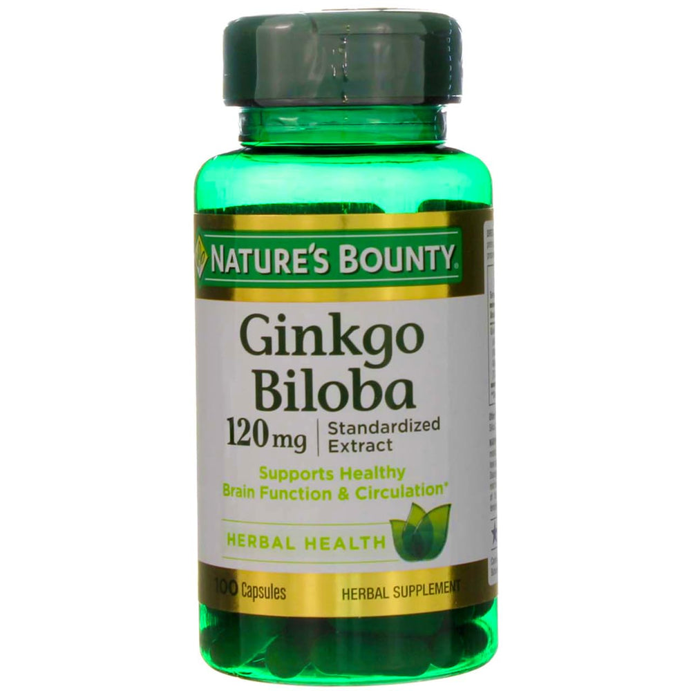 Nature's Bounty Ginkgo Biloba bottle front with 120 mg extract for daily wellness.