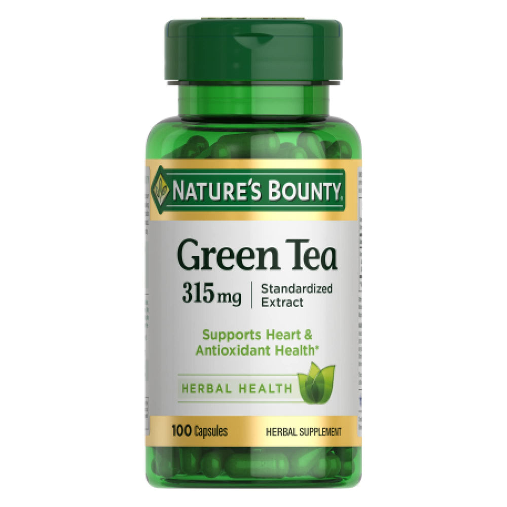 Nature's Bounty Green Tea Pills bottle close-up with EGCG and antioxidant potential.