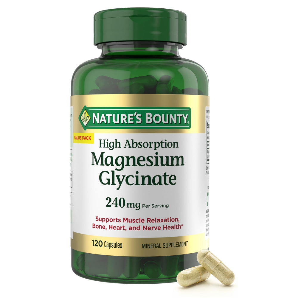 Nature's Bounty magnesium glycinate bottle front highlighting high absorption formula for daily wellness