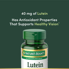 Nature's Bounty lutein 40 mg visible capsules on countertop suggest everyday eye care.
